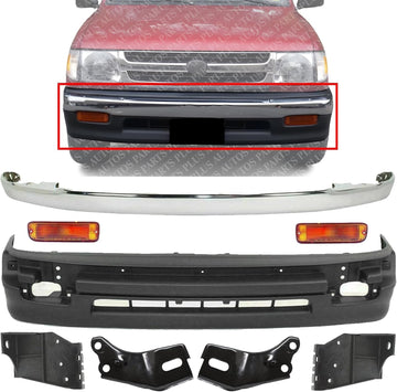 Front Bumper Cover Textured + Chrome Molding + Signal Lights + Bracket Set Of 4 Right Passenger And Left Driver Side Direct Replacement Compatible With Toyota Tacoma 1998-2000