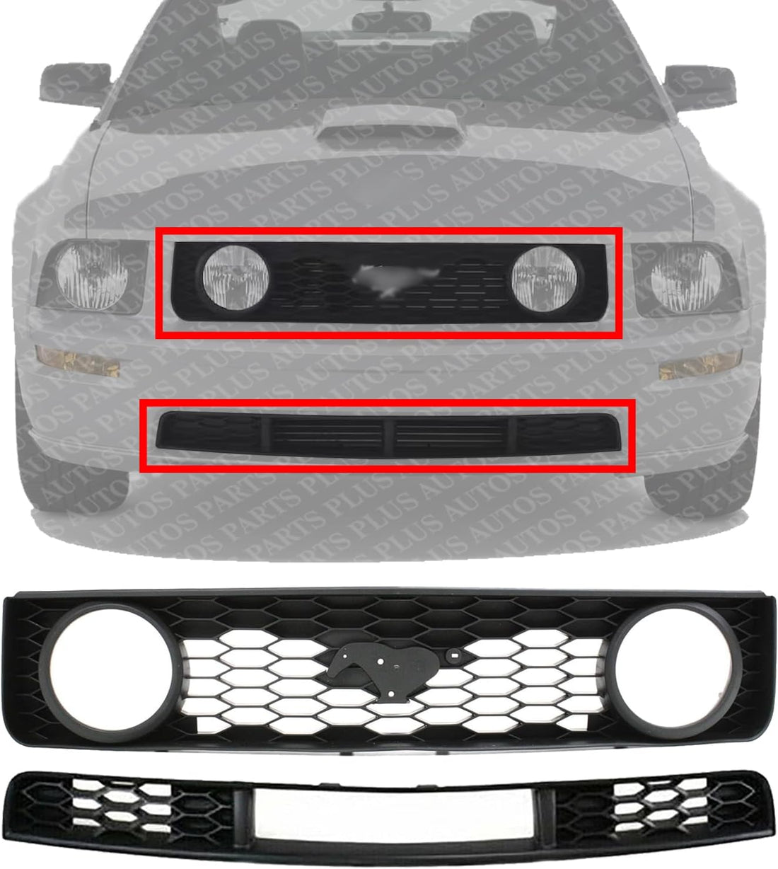 Front Bumper Upper & Lower Grille Textured Black Shell And Insert Plastic Direct Replacement Compatible With 2005-2009 Ford Mustang FO1200422 FO1036114 6R3Z8200BA 7R3Z17K945BA