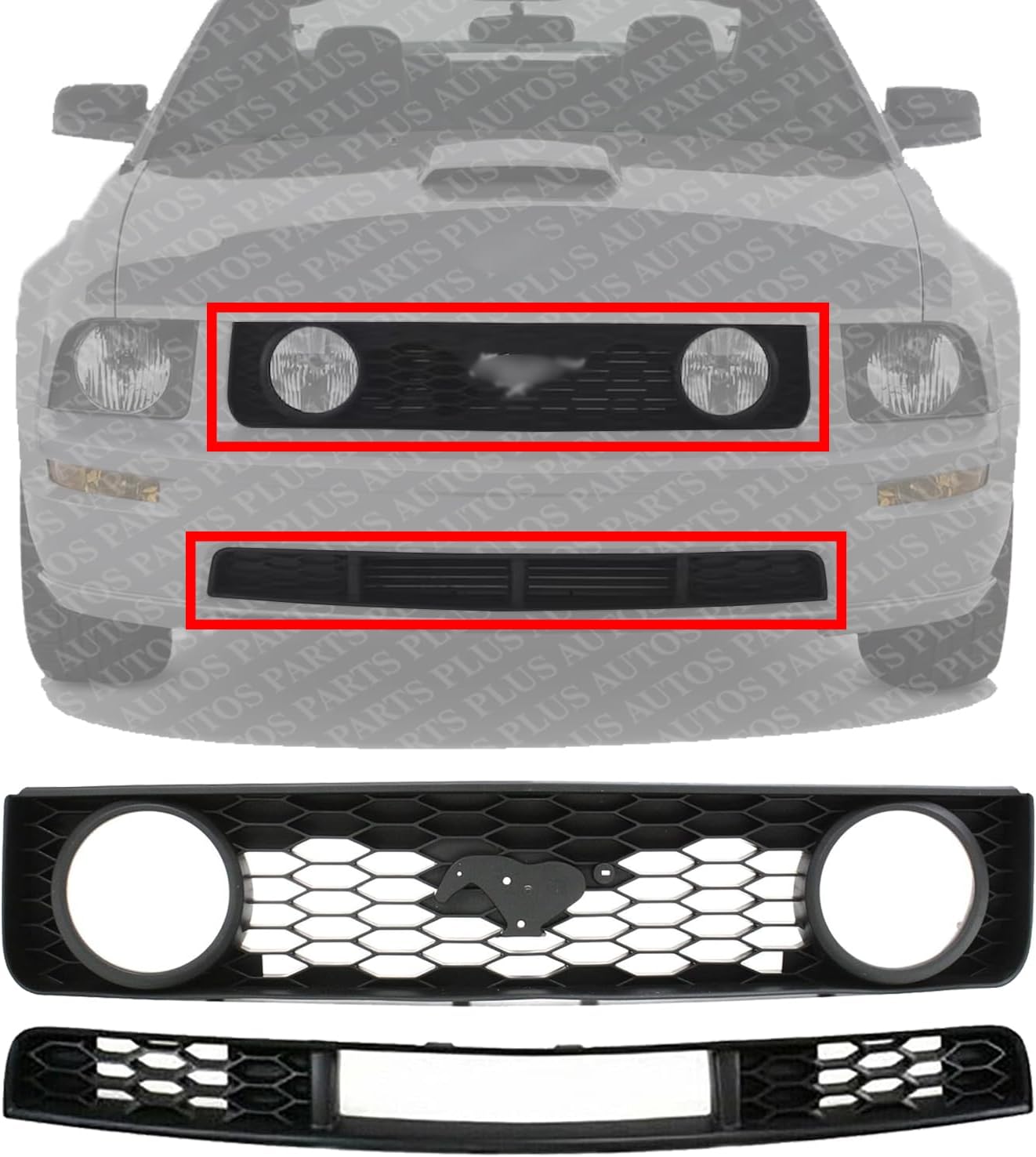 Front Bumper Upper & Lower Grille Textured Black Shell And Insert Plastic Direct Replacement Compatible With 2005-2009 Ford Mustang FO1200422 FO1036114 6R3Z8200BA 7R3Z17K945BA