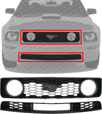 Front Bumper Upper & Lower Grille Textured Black Shell And Insert Plastic Direct Replacement Compatible With 2005-2009 Ford Mustang FO1200422 FO1036114 6R3Z8200BA 7R3Z17K945BA