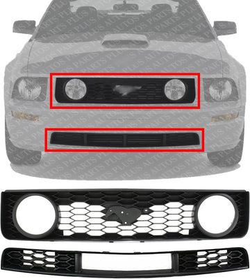 Front Bumper Upper & Lower Grille Textured Black Shell And Insert Plastic Direct Replacement Compatible With 2005-2009 Ford Mustang FO1200422 FO1036114 6R3Z8200BA 7R3Z17K945BA