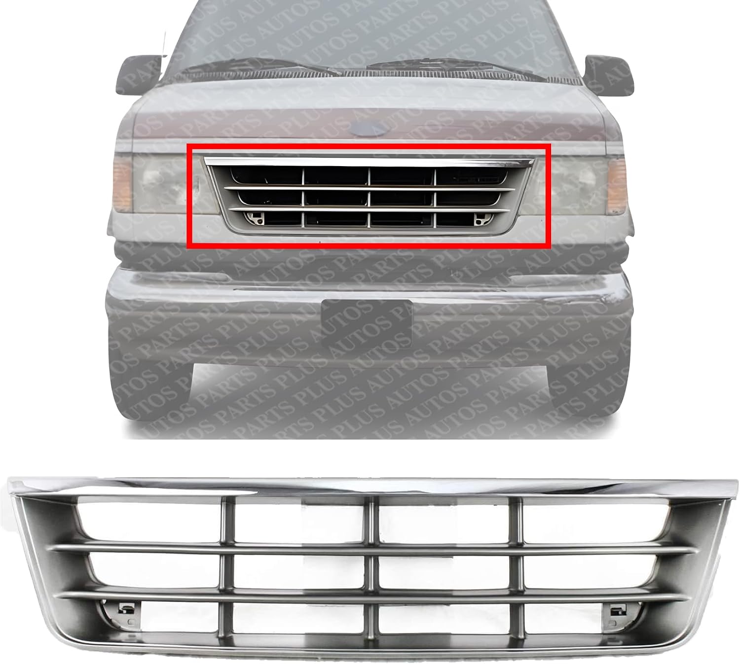 Front Grill Chrome Shell With Primed Insert Plastic Direct Replacement Compatible With 1992-1996 Ford Econoline Van Super Duty FO1200180 F2UZ8200A