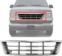 Front Grill Chrome Shell With Primed Insert Plastic Direct Replacement Compatible With 1992-1996 Ford Econoline Van Super Duty FO1200180 F2UZ8200A