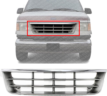 Front Grill Chrome Shell With Primed Insert Plastic Direct Replacement Compatible With 1992-1996 Ford Econoline Van Super Duty FO1200180 F2UZ8200A