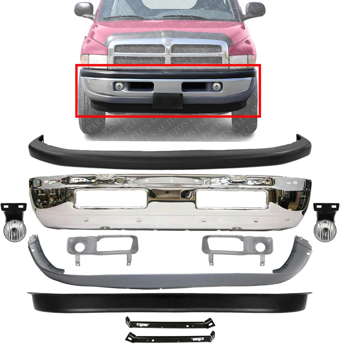 Front Bumper Chrome + Upper & Lower Cover + Valance Textured + Brackets + Fog Light + Bezels Left & Right Side Direct Replacement Compatible With 94-01 Dodge Ram 1500/94-02 2500 3500