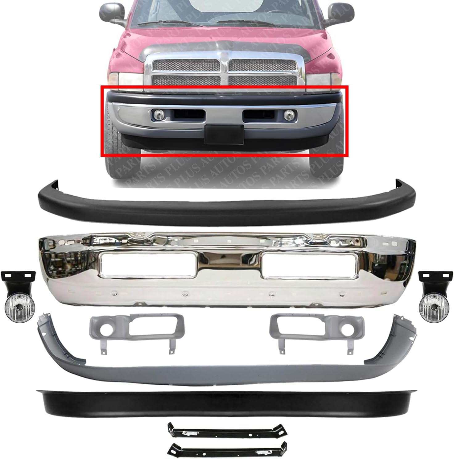 Front Bumper Chrome + Upper & Lower Cover + Valance Textured + Brackets + Fog Light + Bezels Left & Right Side Direct Replacement Compatible With 94-01 Dodge Ram 1500/94-02 2500 3500