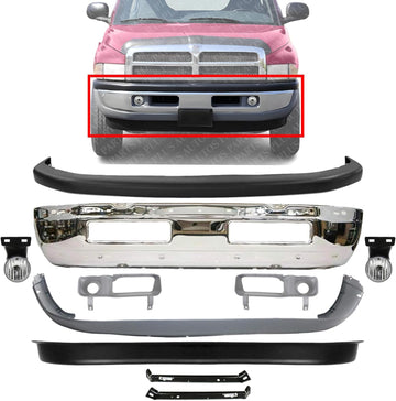 Front Bumper Chrome + Upper & Lower Cover + Valance Textured + Brackets + Fog Light + Bezels Left & Right Side Direct Replacement Compatible With 94-01 Dodge Ram 1500/94-02 2500 3500