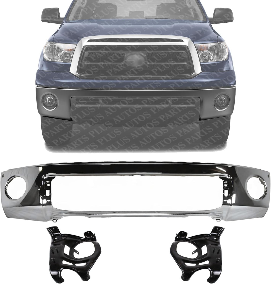 Front Bumper Steel Chrome With Park Assist Sensor Holes + Mounting Arm Brackets Left & Right Side Direct Replacement Compatible With 2007-2013 Toyota Tundra TO1002181 TO1067166