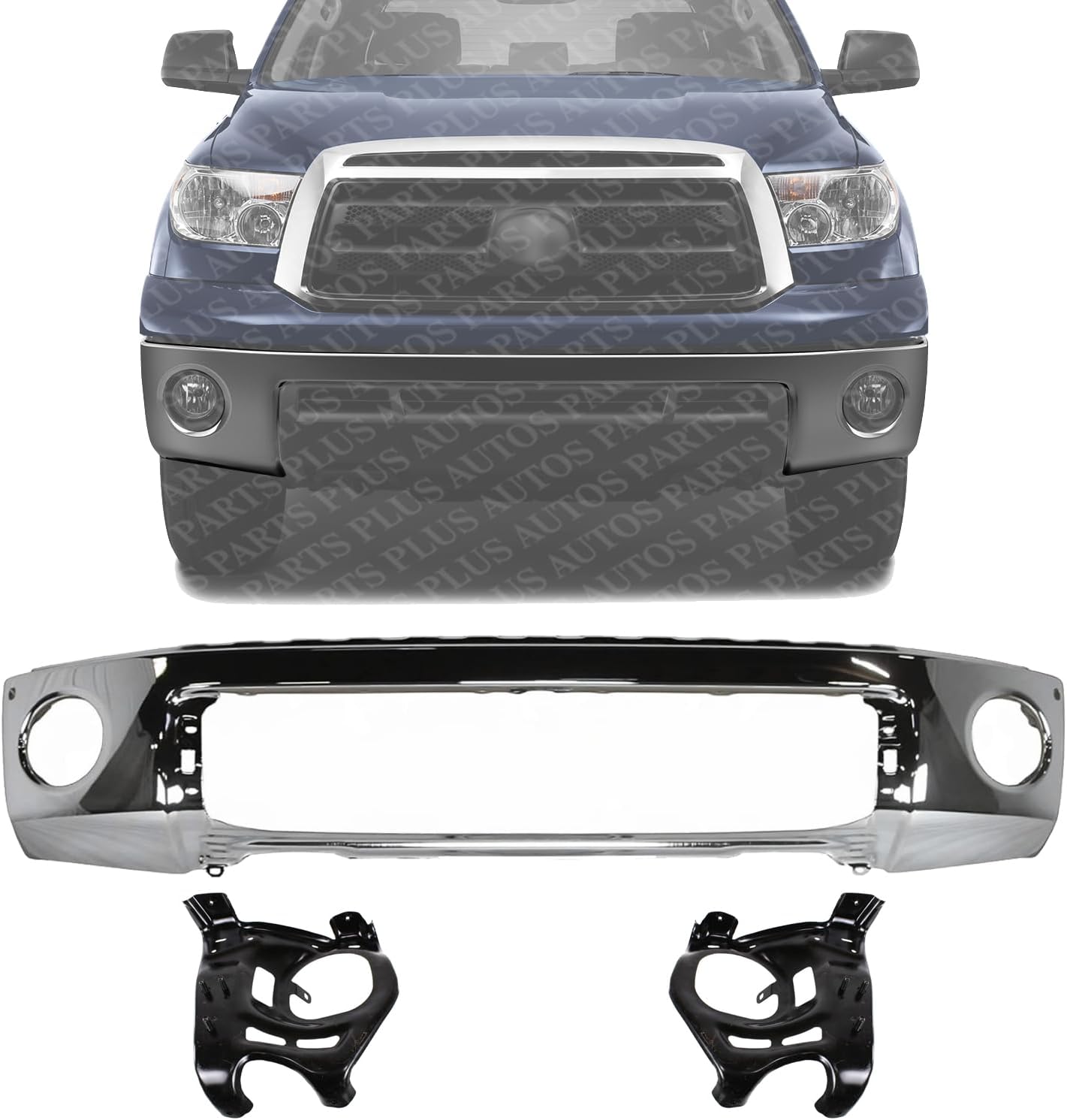 Front Bumper Steel Chrome With Park Assist Sensor Holes + Mounting Arm Brackets Left & Right Side Direct Replacement Compatible With 2007-2013 Toyota Tundra TO1002181 TO1067166