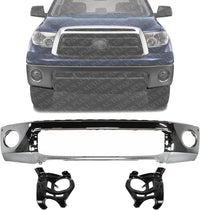Front Bumper Steel Chrome With Park Assist Sensor Holes + Mounting Arm Brackets Left & Right Side Direct Replacement Compatible With 2007-2013 Toyota Tundra TO1002181 TO1067166