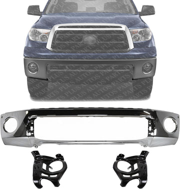 Front Bumper Steel Chrome With Park Assist Sensor Holes + Mounting Arm Brackets Left & Right Side Direct Replacement Compatible With 2007-2013 Toyota Tundra TO1002181 TO1067166