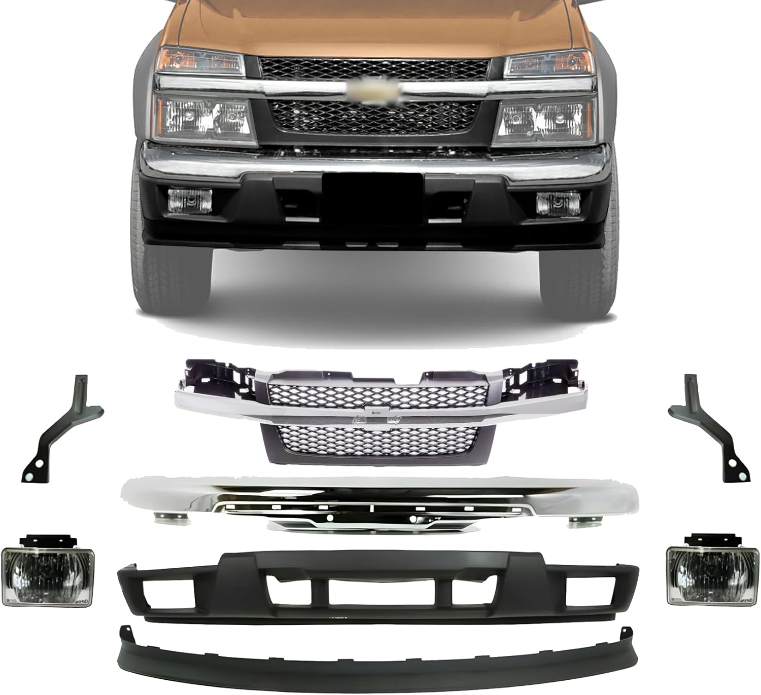 Front Bumper Chrome + Lower Cover + Valance Extension + Grille Gray Shell & Insert + Fog Lights Left & Right Side Direct Replacement Compatible With 2004-2012 Chevrolet Colorado