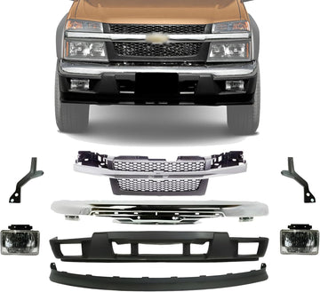 Front Bumper Chrome + Lower Cover + Valance Extension + Grille Gray Shell & Insert + Fog Lights Left & Right Side Direct Replacement Compatible With 2004-2012 Chevrolet Colorado