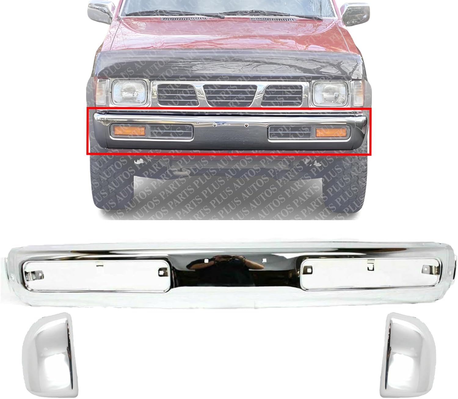 AUTOS PARTS PLUS Front Bumper + End Caps Chrome Steel Left Driver & Right Passenger Side Direct Replacement Compatible With 1993-1996 Nissan Pickup NI1002101 NI1005134 NI1004133 6201655G00 6201755G00