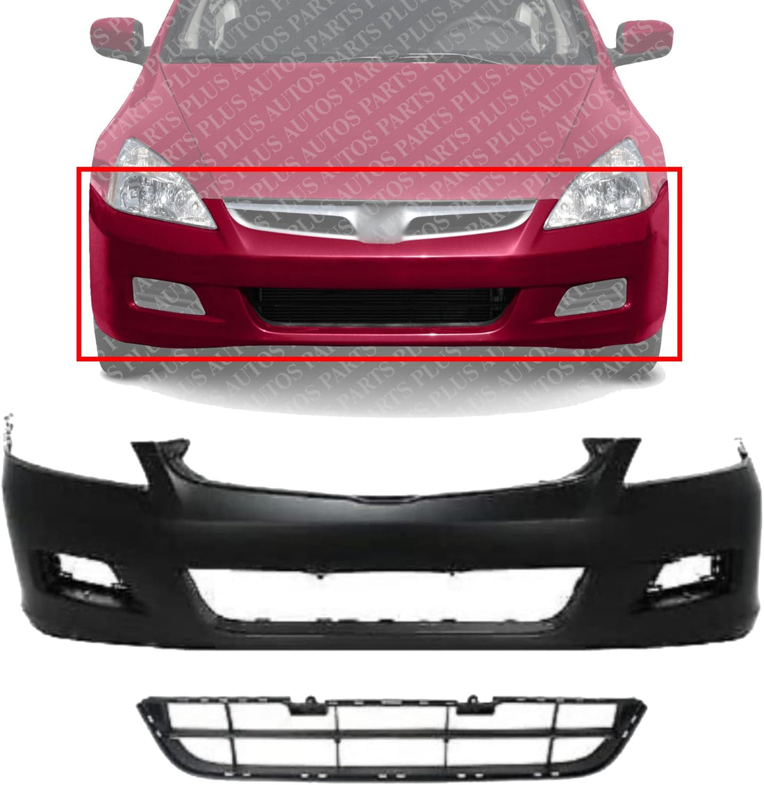 Front Bumper Cover Primed + Center Grille Textured Direct Replacement Compatible With 2006-2007 Honda Accord HO1036101 HO1000235 04711SDLA90ZZ 71102SDAA00