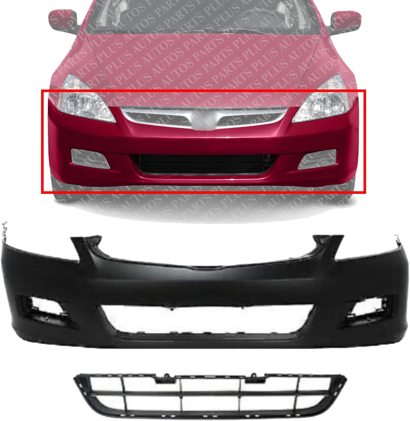 Front Bumper Cover Primed + Center Grille Textured Direct Replacement Compatible With 2006-2007 Honda Accord HO1036101 HO1000235 04711SDLA90ZZ 71102SDAA00