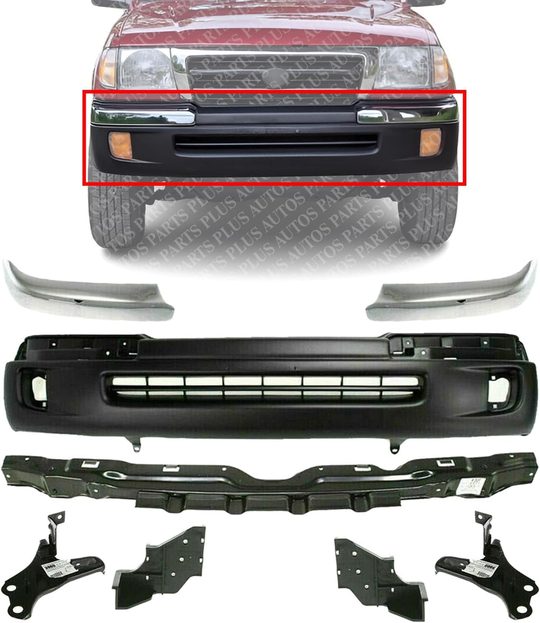 Front Bumper Textured + Reinforcement Steel + End Caps Chrome + Set Of 4 Bracket Left & Right Side Direct Replacement Compatible With 1998-2000 Toyota Tacoma TO1043104