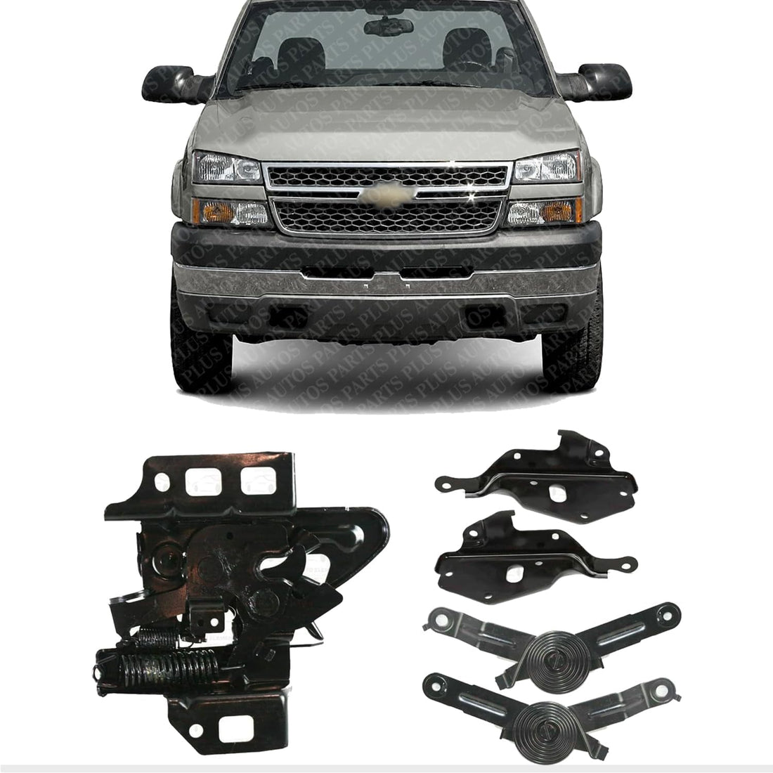 Front Hood Latch Lock + Hood Hinges + Spring Left Driver & Right Passenger Side Direct Replacement Compatible With 2003-2006 Chevrolet Silverado 1500 2500HD 3500 GM1236110