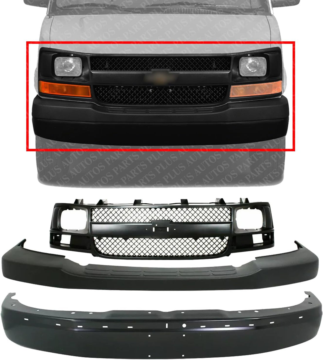Front Bumper Primed + Upper Cover Textured + Grille Black Shell And Insert Direct Replacement Compatible With 2003-2014 Chevrolet Express/GMC Savana Van 1500/2003-2017 2500 3500