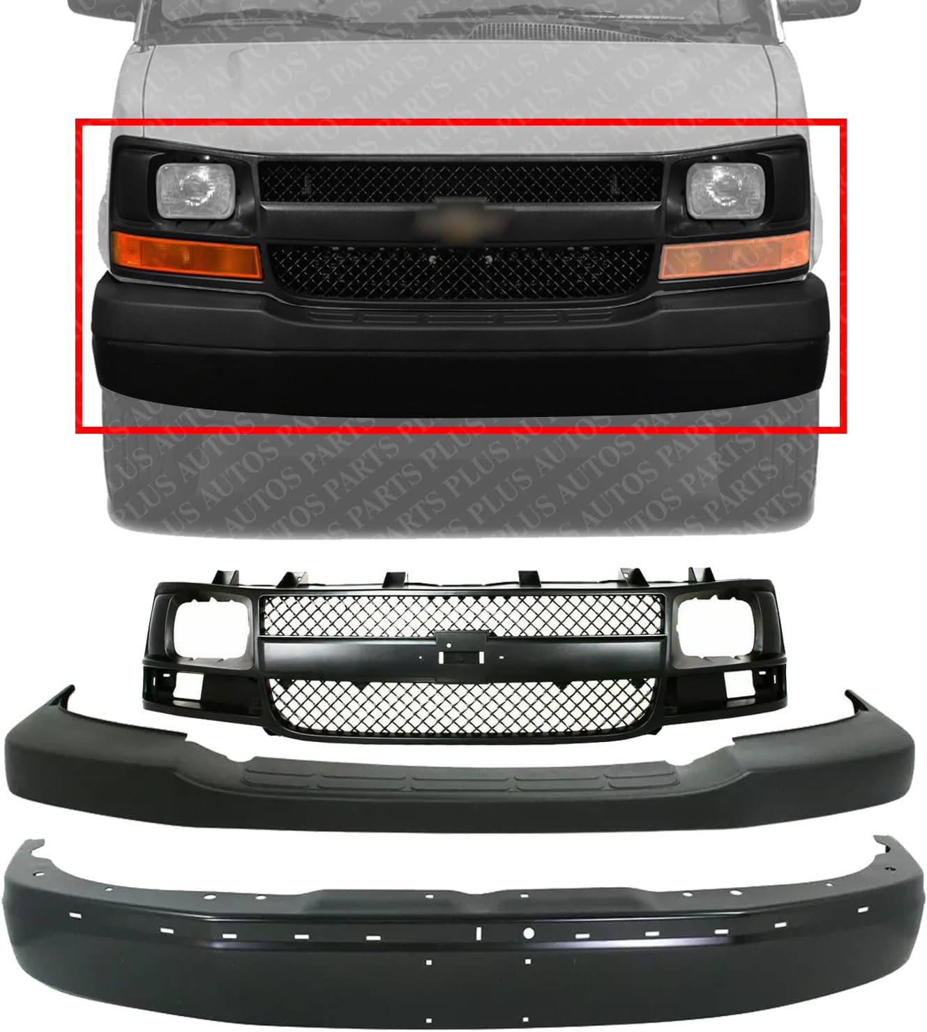 Front Bumper Primed + Upper Cover Textured + Grille Black Shell And Insert Direct Replacement Compatible With 2003-2014 Chevrolet Express/GMC Savana Van 1500/2003-2017 2500 3500