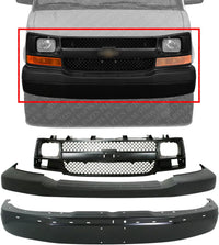 Front Bumper Primed + Upper Cover Textured + Grille Black Shell And Insert Direct Replacement Compatible With 2003-2014 Chevrolet Express/GMC Savana Van 1500/2003-2017 2500 3500