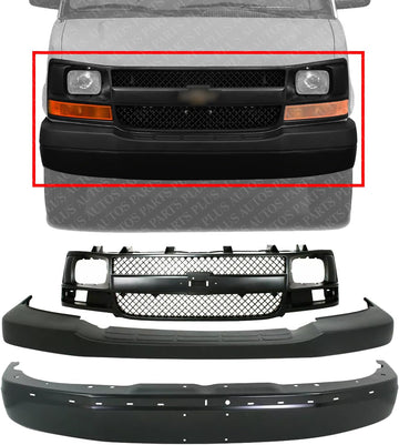 Front Bumper Primed + Upper Cover Textured + Grille Black Shell And Insert Direct Replacement Compatible With 2003-2014 Chevrolet Express/GMC Savana Van 1500/2003-2017 2500 3500