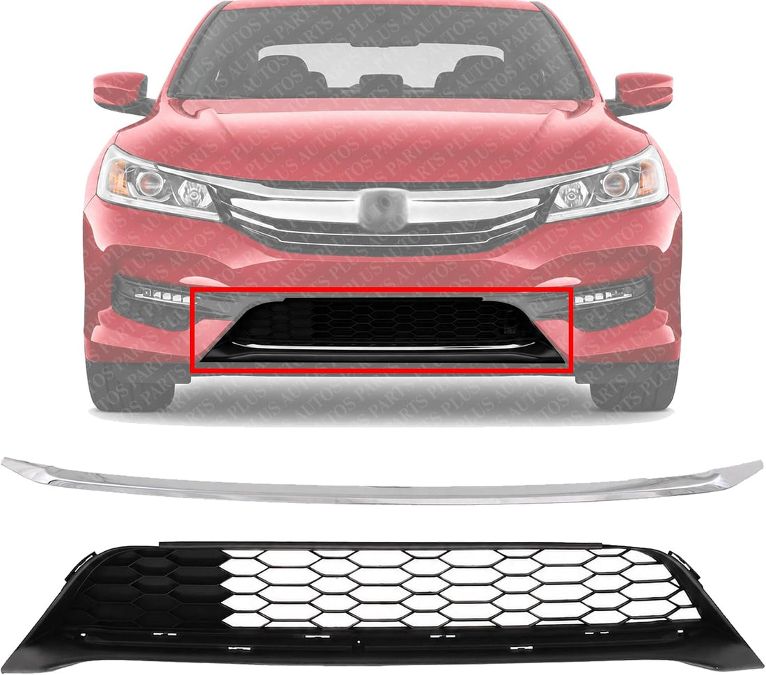 Set Of 2 Front Bumper Lower Grille Textured + Molding Chrome Direct Replacement Compatible With 2016-2017 Honda Accord HO1036126 HO1044106 71151T2FA51 71152T2FA50