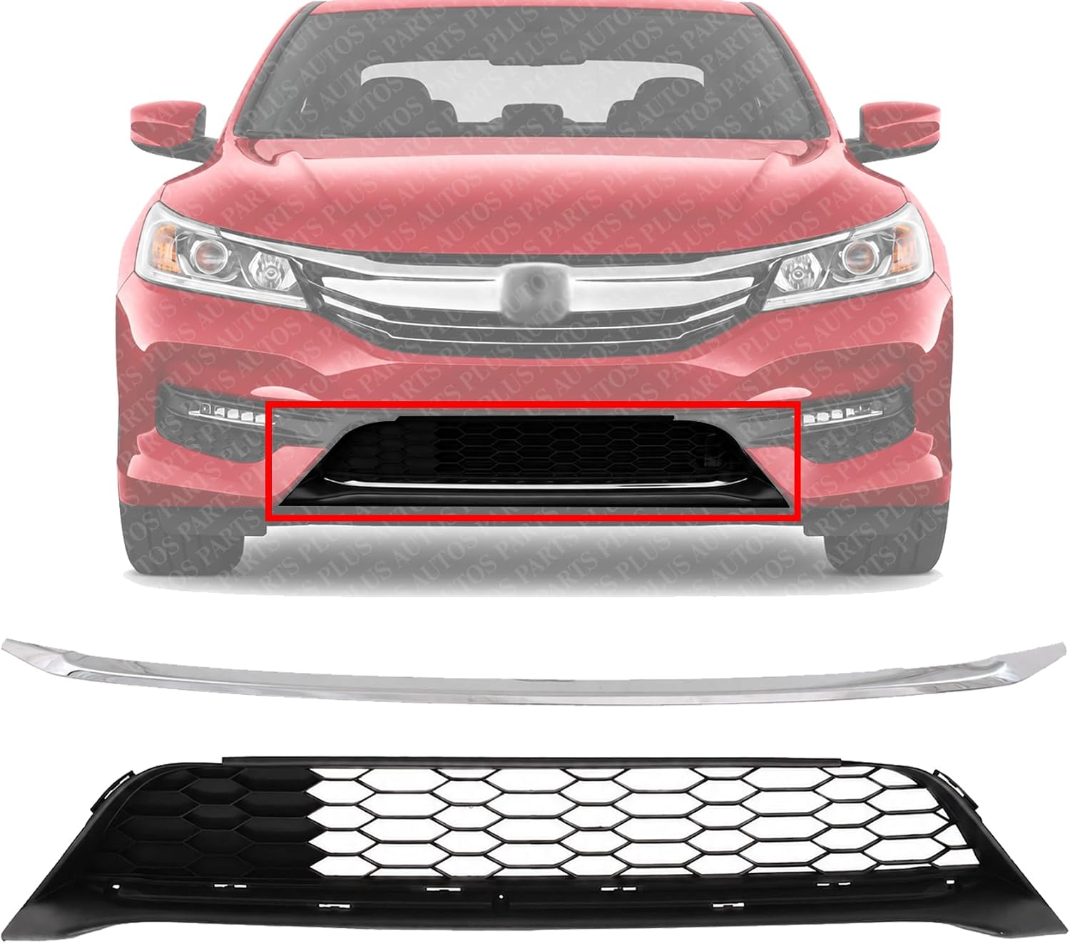 Set Of 2 Front Bumper Lower Grille Textured + Molding Chrome Direct Replacement Compatible With 2016-2017 Honda Accord HO1036126 HO1044106 71151T2FA51 71152T2FA50