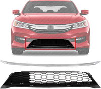 Set Of 2 Front Bumper Lower Grille Textured + Molding Chrome Direct Replacement Compatible With 2016-2017 Honda Accord HO1036126 HO1044106 71151T2FA51 71152T2FA50