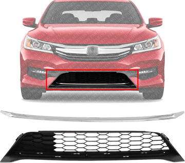 Set Of 2 Front Bumper Lower Grille Textured + Molding Chrome Direct Replacement Compatible With 2016-2017 Honda Accord HO1036126 HO1044106 71151T2FA51 71152T2FA50