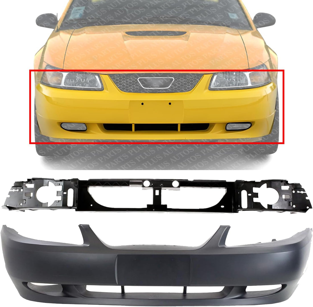 Front Bumper Cover Primed With Fog Light Holes + Header Panel Direct Replacement Compatible With 1999-2004 Ford Mustang FO1000439 FO1221119 YR3Z17D957GA 3R3Z8A284AA