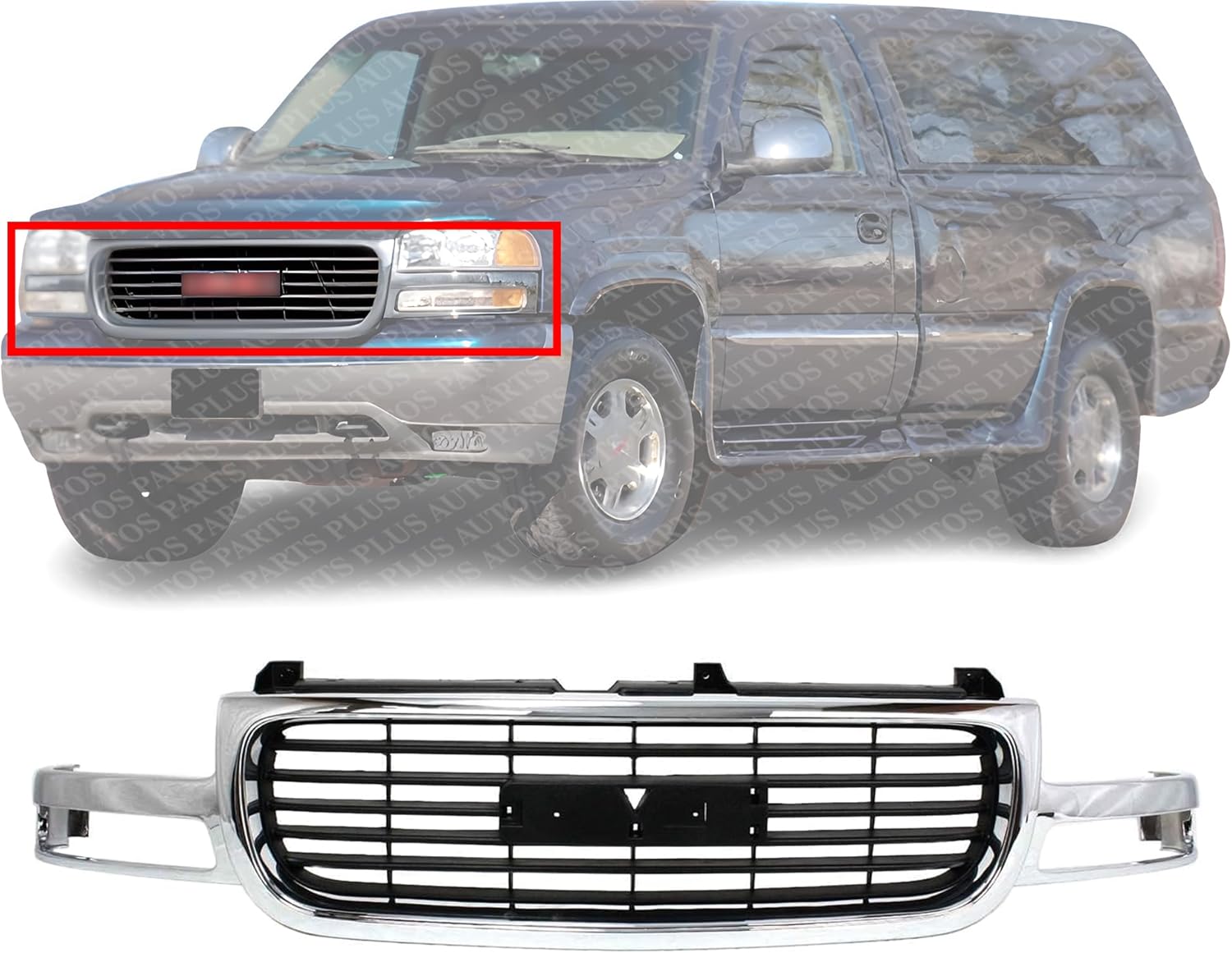 Front Grille Chrome Shell/Painted Black Insert Direct Replacement Compatible With 1999-2002 GMC Sierra 1500 2500/2000-2006 Yukon GM1200430 19130787