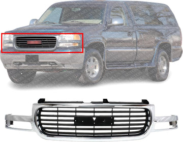 Front Grille Chrome Shell/Painted Black Insert Direct Replacement Compatible With 1999-2002 GMC Sierra 1500 2500/2000-2006 Yukon GM1200430 19130787