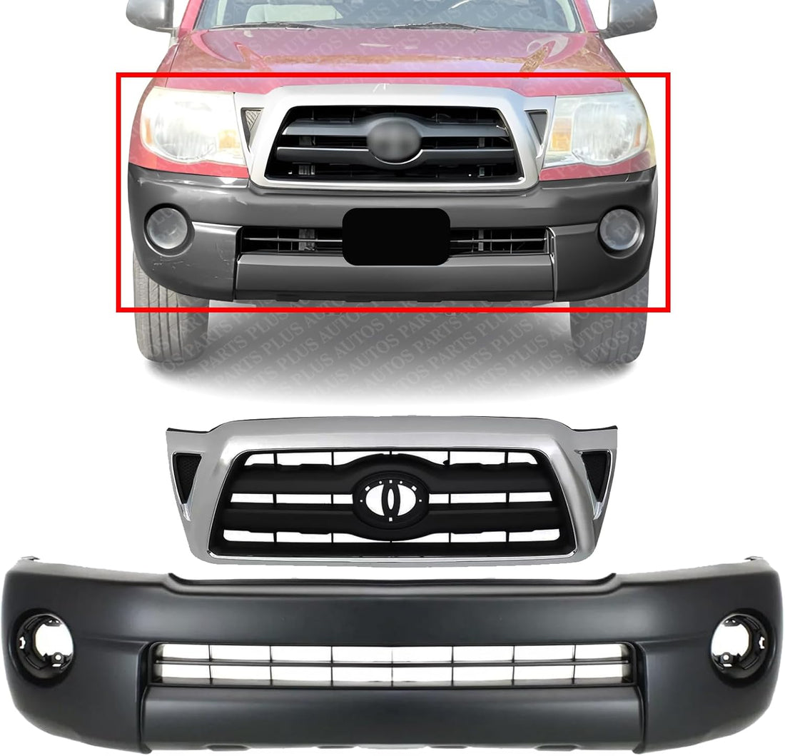 AUTOS PARTS PLUS Front Bumper Cover Textured Plastic + Grille Chrome Shell With Black Insert Direct Replacement Compatible With 2005-2008 Toyota Tacoma TO1000302 TO1200268 5211904040 5310004360