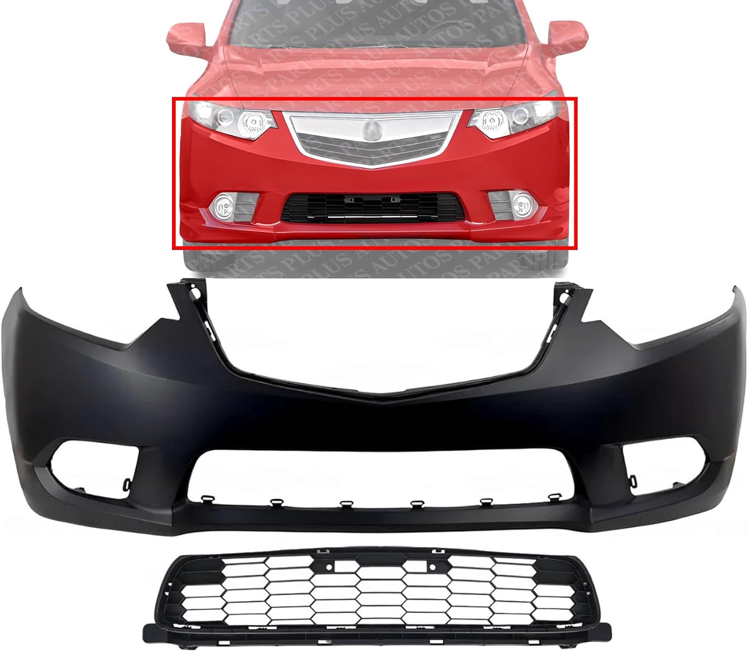 Front Bumper Cover Primed Plastic + Lower Grille Direct Replacement Compatible With 2011-2014 Acura TSX