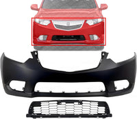 Front Bumper Cover Primed Plastic + Lower Grille Direct Replacement Compatible With 2011-2014 Acura TSX