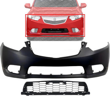 Front Bumper Cover Primed Plastic + Lower Grille Direct Replacement Compatible With 2011-2014 Acura TSX