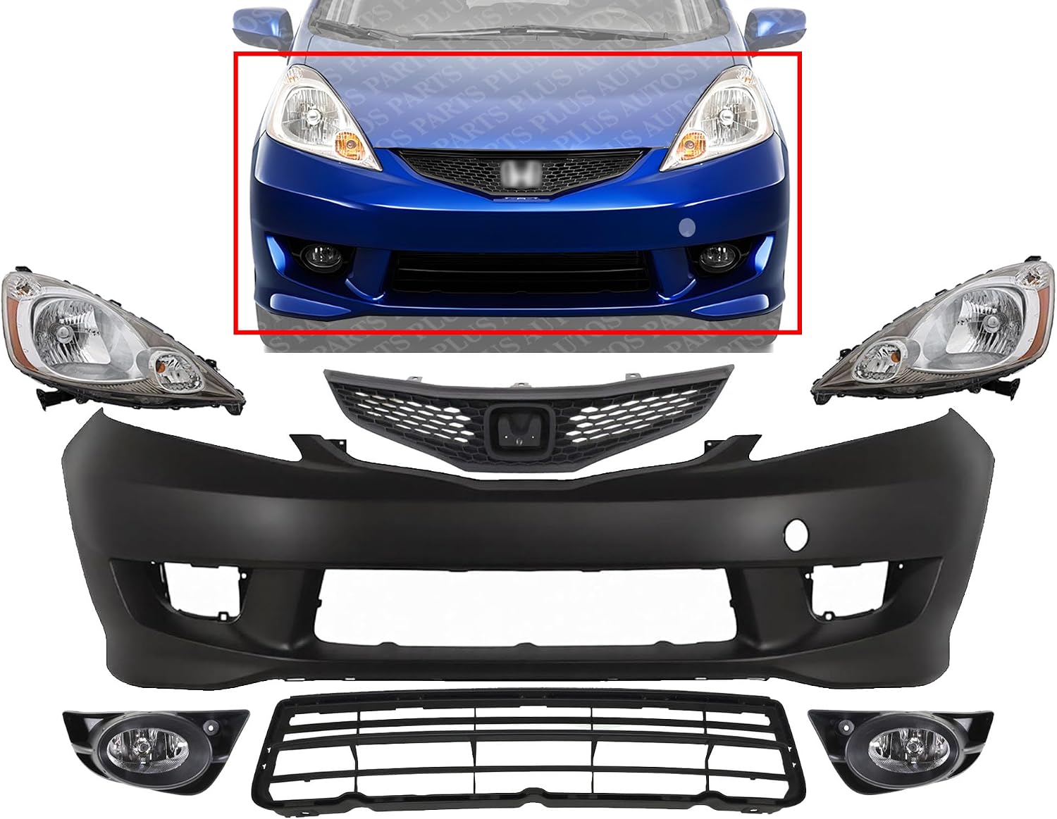 Front Bumper Cover Primed Plastic + Upper & Lower Grille + Headlights + Fog Light Left Driver & Right Passenger Side Direct Replacement Compatible With 2009-2011 Honda Fit