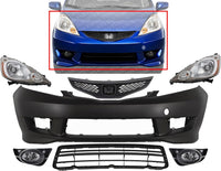 Front Bumper Cover Primed Plastic + Upper & Lower Grille + Headlights + Fog Light Left Driver & Right Passenger Side Direct Replacement Compatible With 2009-2011 Honda Fit
