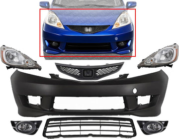 Front Bumper Cover Primed Plastic + Upper & Lower Grille + Headlights + Fog Light Left Driver & Right Passenger Side Direct Replacement Compatible With 2009-2011 Honda Fit