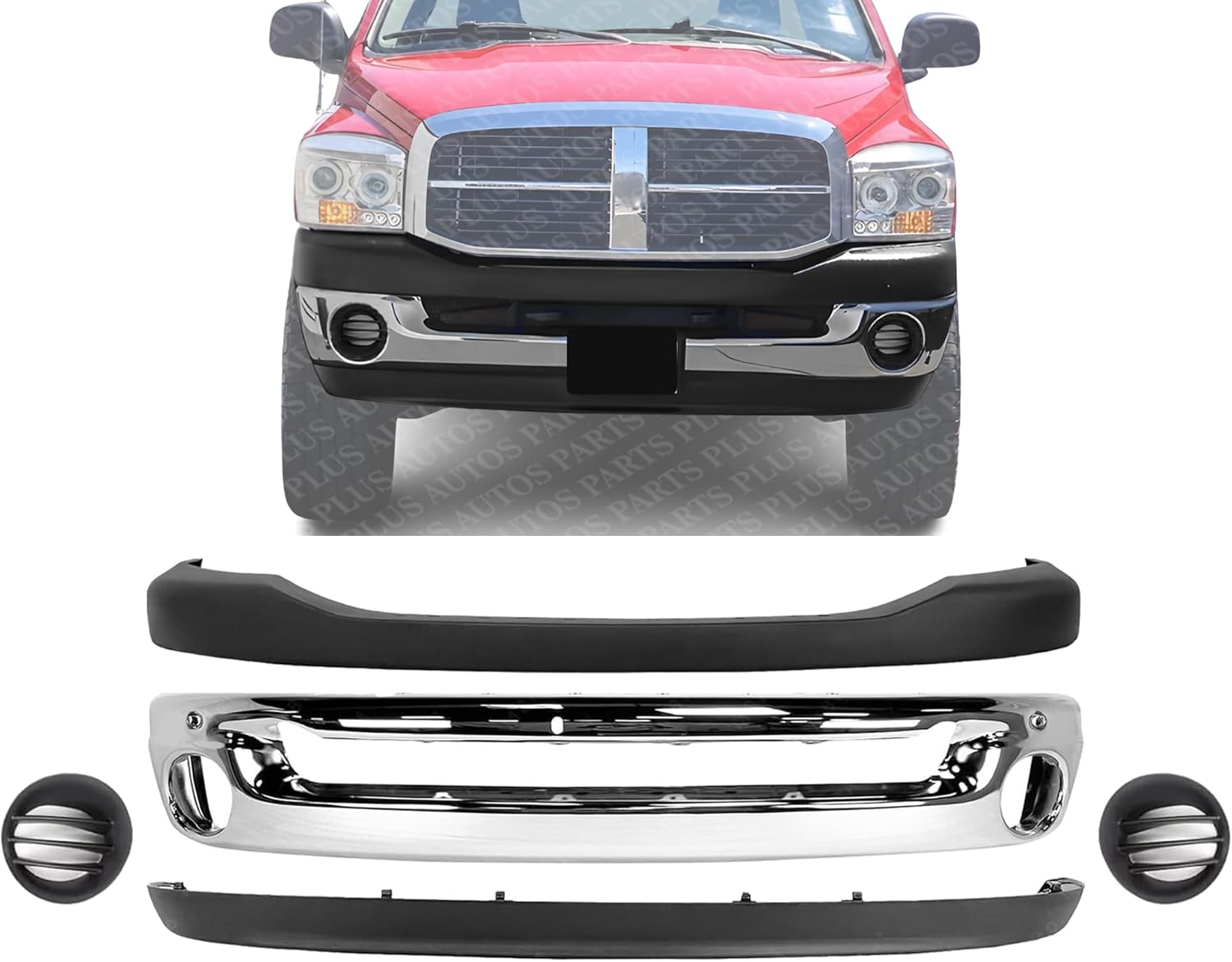 Front Bumper Chrome Steel + Upper Cover + Lower Valance Air Dam + Fog Lamps Left & Right Side Direct Replacement Compatible With 2006-2008 Dodge Ram 1500/2006-2009 2500 3500