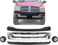 Front Bumper Chrome Steel + Upper Cover + Lower Valance Air Dam + Fog Lamps Left & Right Side Direct Replacement Compatible With 2006-2008 Dodge Ram 1500/2006-2009 2500 3500