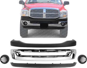 Front Bumper Chrome Steel + Upper Cover + Lower Valance Air Dam + Fog Lamps Left & Right Side Direct Replacement Compatible With 2006-2008 Dodge Ram 1500/2006-2009 2500 3500