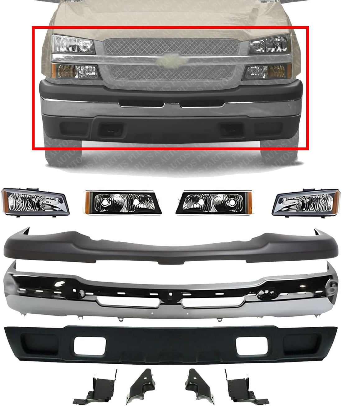 Front Bumper Chrome + Upper Cover & Lower Valance + Brackets + Head Lights & Signal Lamp Left & Right Side Direct Replacement Compatible With 2003-2006 Chevrolet Silverado 1500