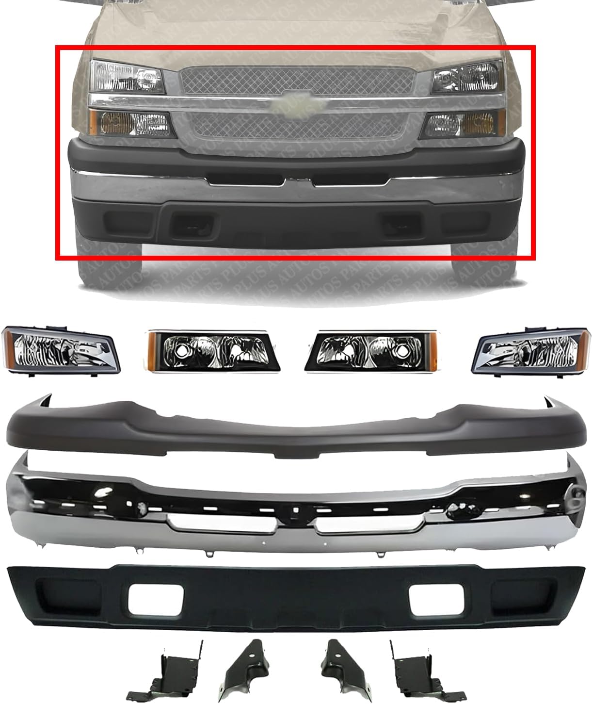 Front Bumper Chrome + Upper Cover & Lower Valance + Brackets + Head Lights & Signal Lamp Left & Right Side Direct Replacement Compatible With 2003-2006 Chevrolet Silverado 1500