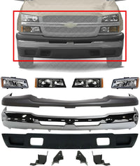 Front Bumper Chrome + Upper Cover & Lower Valance + Brackets + Head Lights & Signal Lamp Left & Right Side Direct Replacement Compatible With 2003-2006 Chevrolet Silverado 1500
