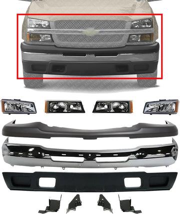 Front Bumper Chrome + Upper Cover & Lower Valance + Brackets + Head Lights & Signal Lamp Left & Right Side Direct Replacement Compatible With 2003-2006 Chevrolet Silverado 1500
