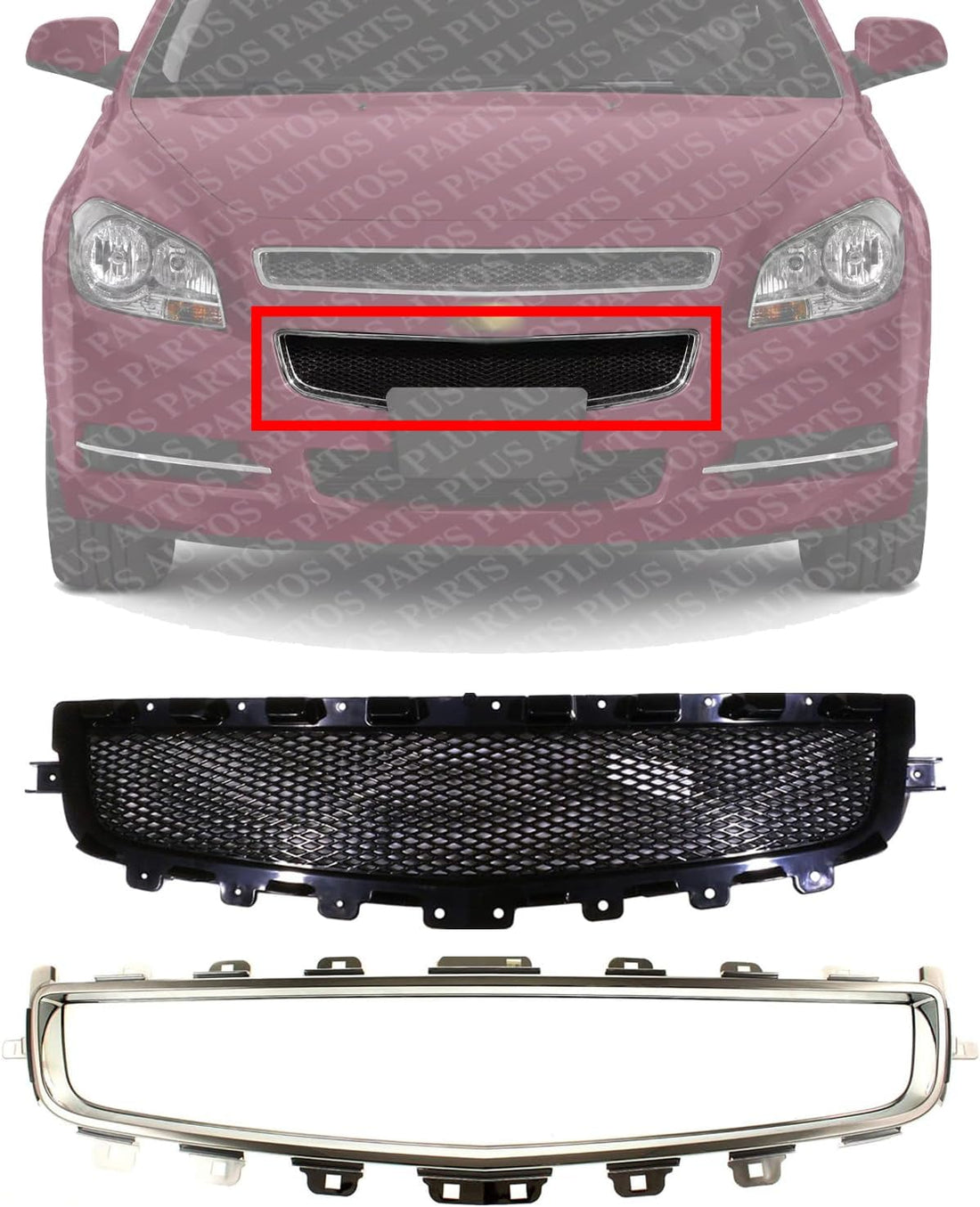 Front Grille Primed Shell And Insert + Center Molding Chrome Direct Replacement Compatible With 2008-2012 Chevrolet Malibu GM1200600 GM1210115 25784042 25784043