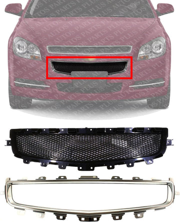 Front Grille Primed Shell And Insert + Center Molding Chrome Direct Replacement Compatible With 2008-2012 Chevrolet Malibu GM1200600 GM1210115 25784042 25784043
