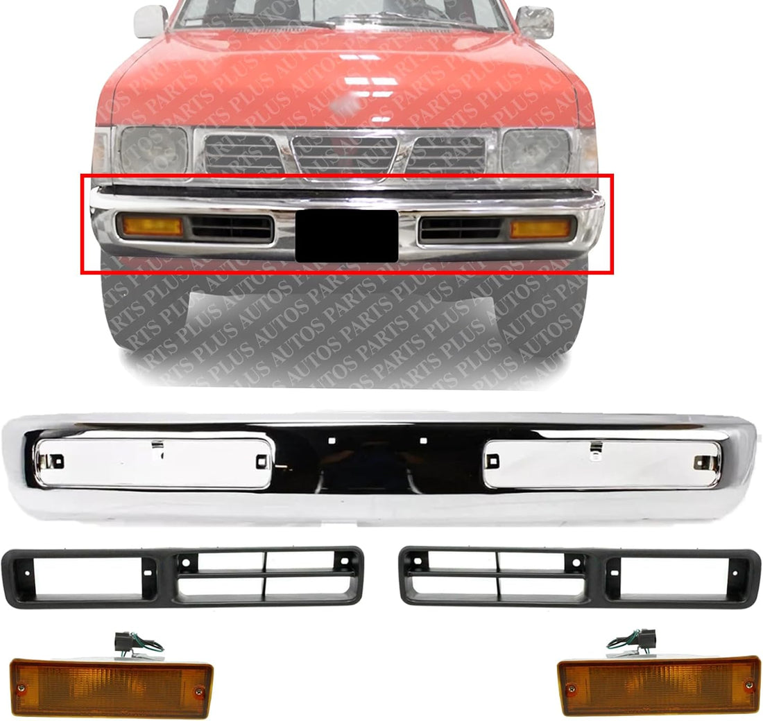 AUTOS PARTS PLUS Front Bumper Chrome Steel + Fog Light Molding + Signal Lamp Assembly Left Driver & Right Passenger Side Direct Replacement Compatible With 1996-1997 Nissan Pickup NI1002127 NI1038101